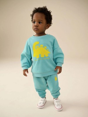 Next Baby Pamuklu Yeşil/sarı Dino Jersey Sweatshirt Uzun Kollu Alt Üst Takım