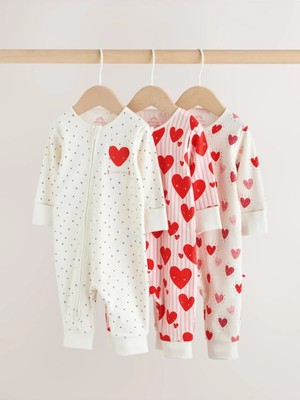 Next Baby Pamuklu Kırmızı Beyaz Kalp Desenli 3'lü Tulum Set