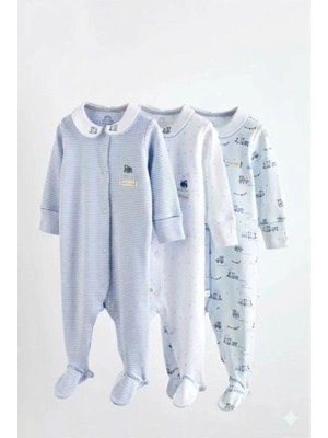 Next Baby Pamuklu Beyaz Mavi Tren Desenli 3'lü Tulum Set