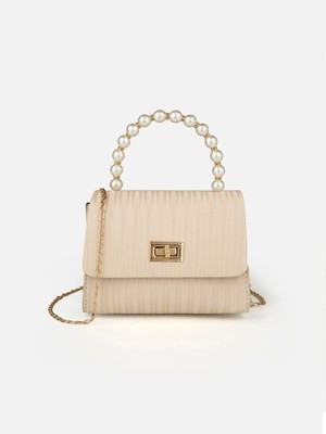 Rivina Pera Kadın Inci Detaylı Zincir Askılı Kilit Kapaklı El ve Omuz Çantası Krem
