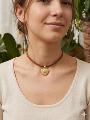 Gold Altın Rengi Kahverengi Deri Choker