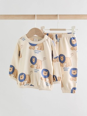 Next Baby Pamuklu Krem Mavi Aslan Desenli Uzun Kollu Alt Üst Takım