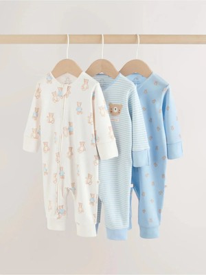 Next Baby %100 Organik Pamuklu Mavi Ayı Desenli Çift Fermuarlı Ayaksız 3 Lü Uyku Tulumu Set ALYW51013