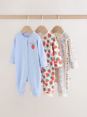 Next Baby Pamuklu Mavi Krem Çilek Desenli 3'lü Tulum Set