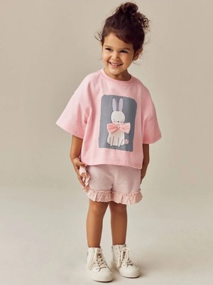 Next Baby Pamuklu Pembe Kısa Kollu Tavşan Desenli Alt Üst Takım