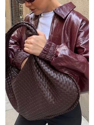 Rivina Lena Kahverengi Kadın Örgü Detay Büyük Boy Omuz ve Tote Çanta Günlük Geniş Hacimli