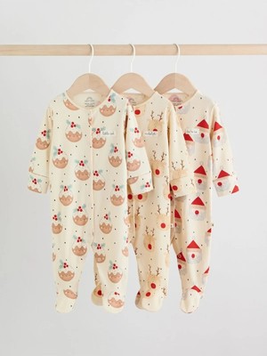 Next Baby Pamuklu Krem Rengi Noel Temalı 3'lü Tulum Set