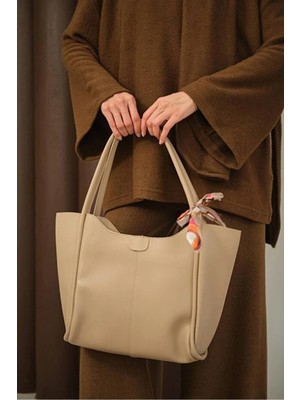 Rivina Kadın Fularlı Büyük Boy El Kol ve Omuz Tote Çanta Bej