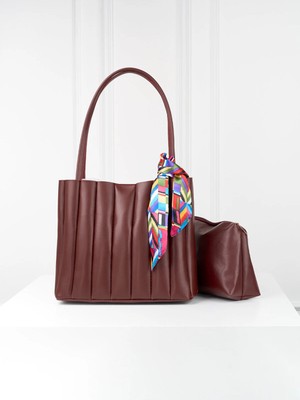 Rivina Elit Kadın Plise Makyaj Çantalı Fular Hediyeli El ve Omuz Çantası Bordo