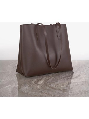 Rivina Megi Kadın Büyük Boy Tote Geniş Hacimli Model El ve Omuz Çantası Kahverengi