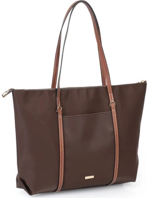 Rivina Lore Ön Cep Detaylı Tote Model Saten Büyük Boy El Kol ve Omuz Çantası Kahverengi