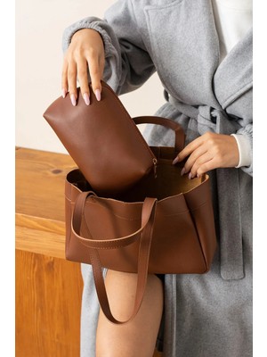 Rivina Mari Kadın Mıknatıs Kapaklı Cüzdan Detaylı El Kol ve Omuz Çantası Taba