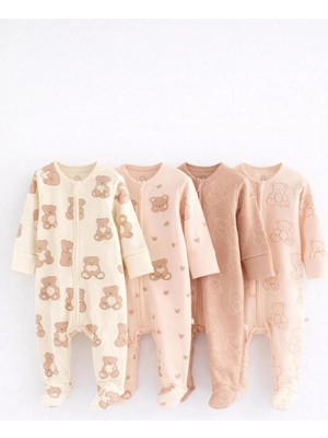 Next Baby Pamuklu Krem Kahve Ayıcık Desenli 4'lü Tulum Set