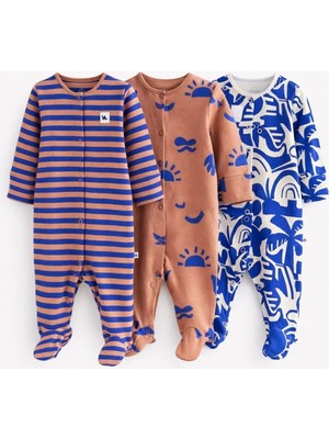 Next Baby Pamuklu Mavi Baskılı 3'lü Tulum Set