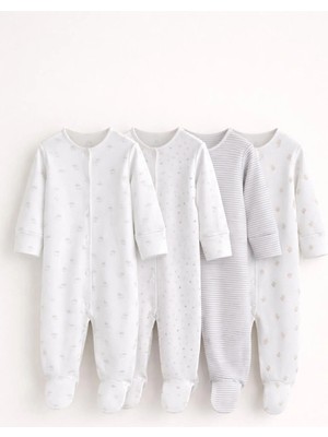 Next Baby Pamuklu Beyaz Baskılı 4'lü Tulum Set