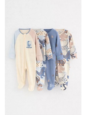 Next Baby Pamuklu Mavi Dino Desenli 4'lü Tulum Set