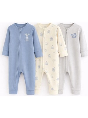 Next Baby Pamuklu Mavi Ayaksız 3'lü Tulum Set