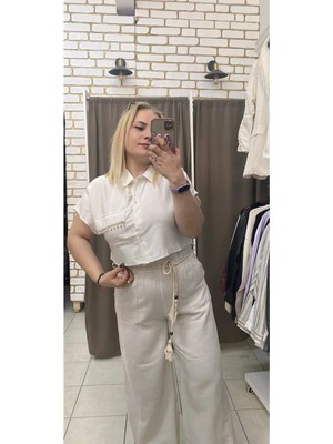 Tuba Toptaş Keten Crop Taşlı Gömlek