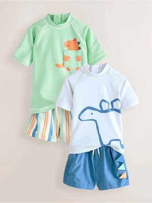 Next Baby Yeşil/mavi Dino Güneş Korumalı Kısa Kollu Şortlu 2'li Mayo Set