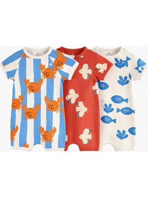 Next Baby Pamuklu Krem Mavi Baskılı 3'lü Romper Set