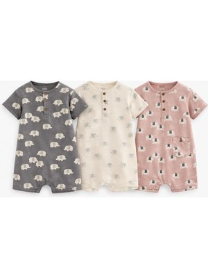 Next Baby Pamuklu Krem Kahve Baskılı 3'lü Romper Set