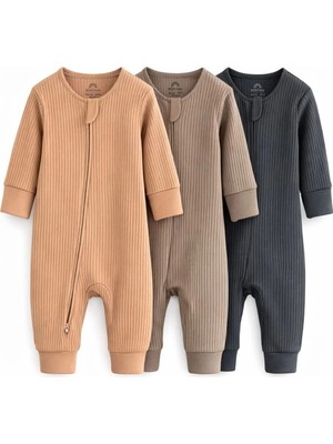 Next Baby Pamuklu Kahverengi 3'lü Tulum Set