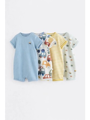 Next Baby Pamuklu Mavi Sarı Arabalar Temalı 4'lü Romper Set