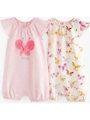 Next Baby Pamuklu Pembe Kelebek Desenli 2'li Romper Set