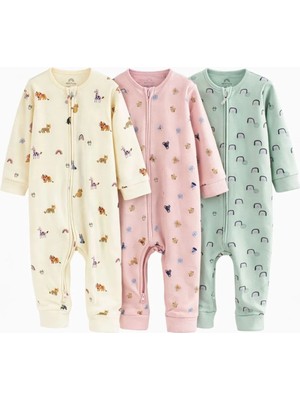 Next Baby Pamuklu Pembe Baskılı 3'lü Tulum Set
