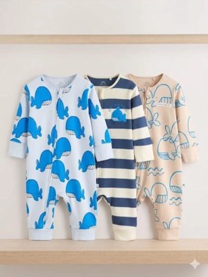 Next Baby Pamuklu Balina Desenli 3'lü Tulum Set