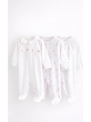 Next Baby Naext Baby Pamuklu Beyaz Tavşan Desenli 3'lü Tulum Set