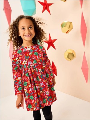 Next Baby Pamuklu Kırmızı Noel Karakterli Uzun Kollu Jersey Elbise