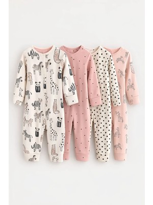 Next Baby Pamuklu Krem Pembe Baskılı 4'lü Tulum Set
