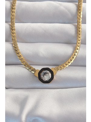 Calperia 316L Çelik Gold Renk Ezme Zincir Zirkon Taşlı Mineli Serenay Kolyesi