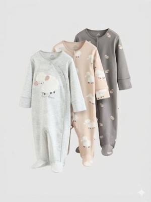 Next Baby Pamuklu Gri Koyun Desenli 3'lü Tulum Set