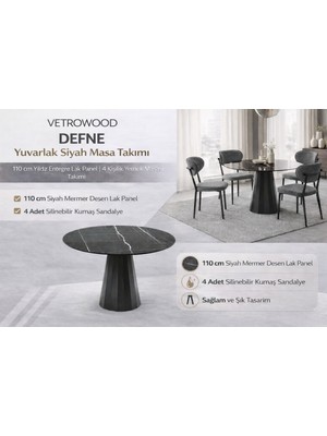 Vetrowood Defne Sonata Siyah Yuvarlak Masa Takımı 110 cm 4 Adet Ayla 2 Siyah Sandalyeli