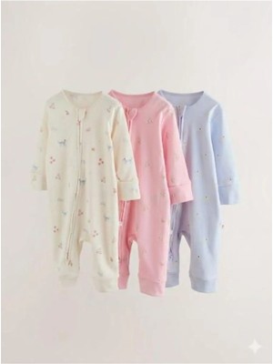 Next Baby Pamuklu Pastel Renkler Çiçek Desenli 3'lü Tulum Set