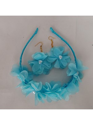 Big Store Mavi Çiçekli Lohusa Taç ve Küpe Seti - Minimal El Yapımı Fotoğraf Çekimi & Gelin Aksesuarı