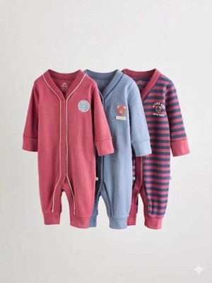 Next Baby Pamuklu Bordo Mavi Ayaksız 3'lü Tulum Set