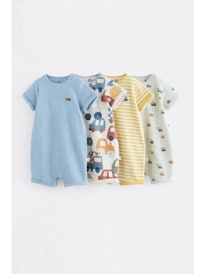 Next Baby Pamuklu Mavi Sarı Arabalar Temalı 4'lü Romper Set