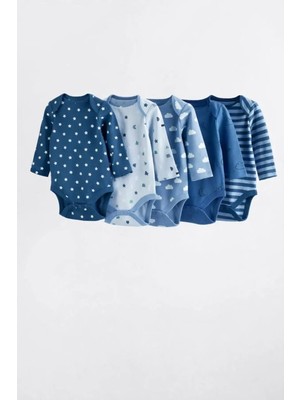 Next Baby Pamuklu Mavi Lacivert Baskılı Uzun Kollu 5'li Body Zıbın Set