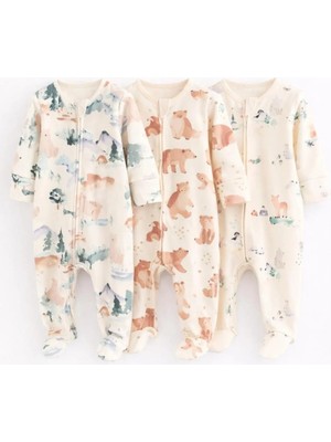 Next Baby Pamuklu Krem Animal Desenli 3'lü Tulum Set