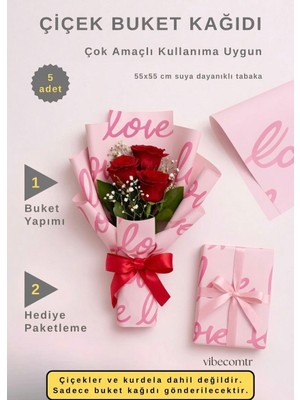 Vibecomtr Love Desenli Buket Kağıdı 5 Adet (55X55 cm Suya Dayanıklı)