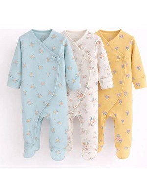 Next Baby Pamuklu Yeşil Çiçek Desenli 3'lü Tulum Set