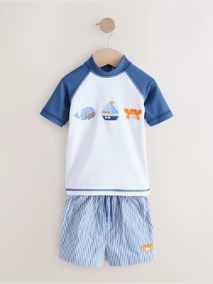 Next Baby Mavi/beyaz Çizgili Güneş Korumalı Kısa Kollu Şortlu Mayo Set