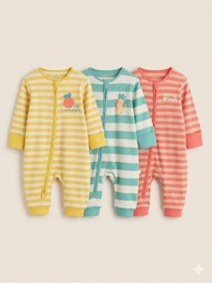 Next Baby Pamuklu Meyve Desenli Ayaksız 3'lü Tulum Set