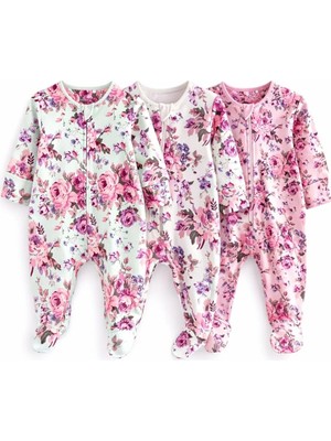 Next Baby Pamuklu Pembe Çok Çiçekli 3'lü Tulum Set
