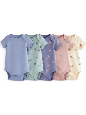 Next Baby Pamuklu Mavi Baskılı Kısa Kollu 5'li Body Zıbın Set