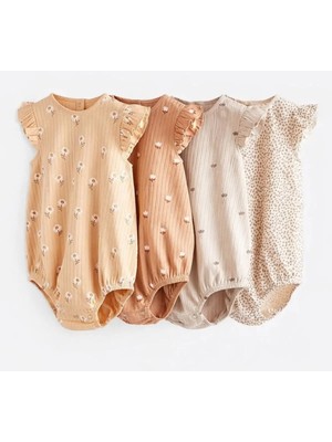 Next Baby Pamuklu Krem Çiçek Desenli 4'lü Romper