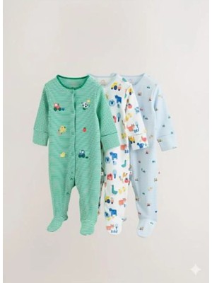 Next Baby Pamuklu Yeşil Hayven Desenli 3'lü Tulum Set